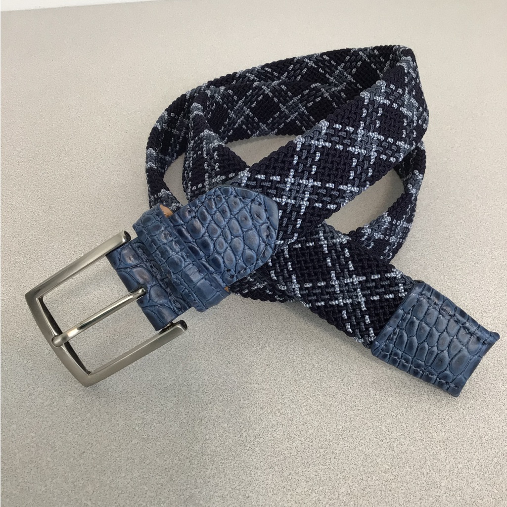 W.Kleinberg Men’s Blue Pacific Plaid Woven Crocodile Leather Belt Size 36 Nwot